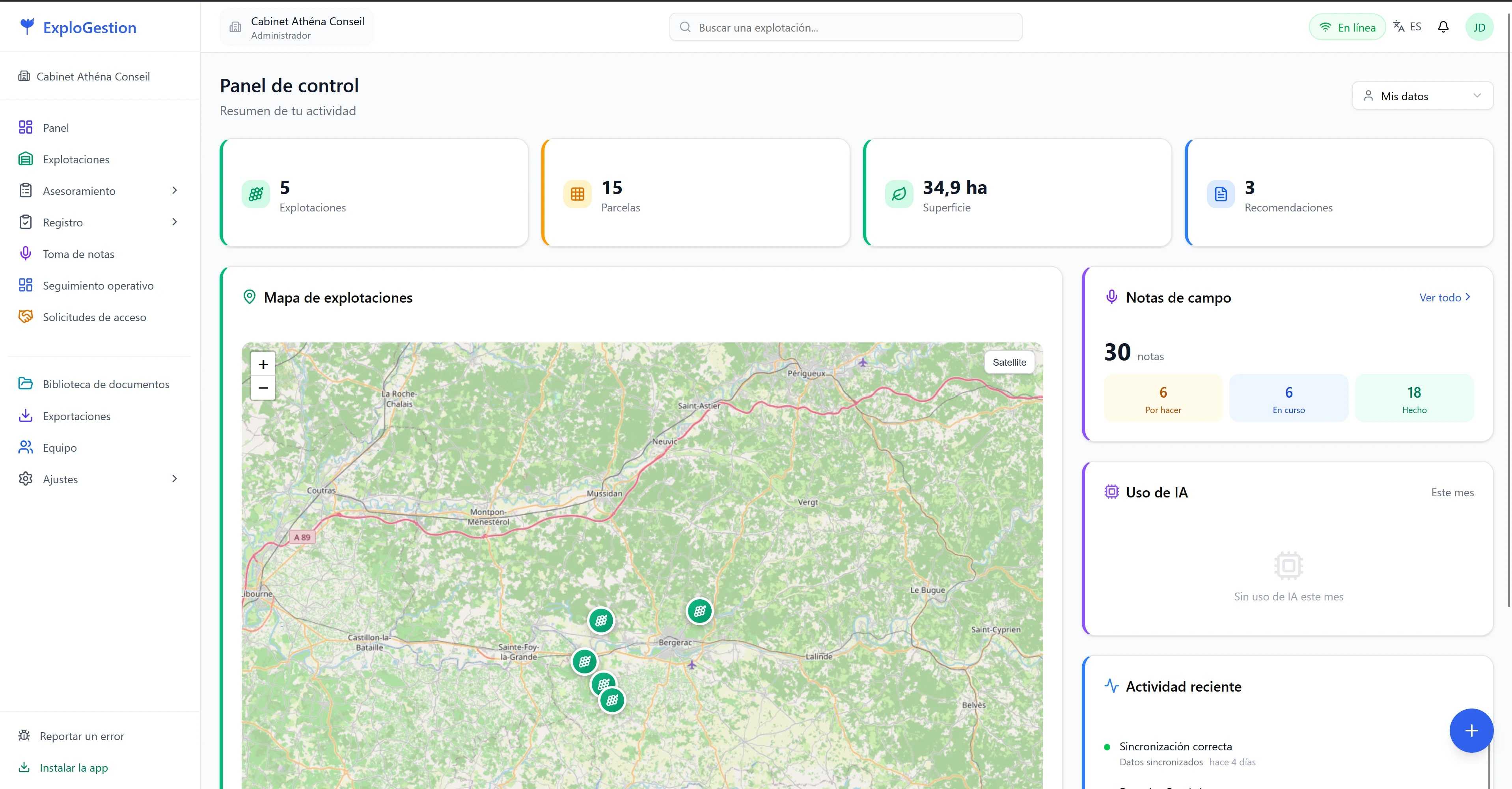 Panel de control de ExploGestion: mapa de explotaciones e indicadores del gabinete
