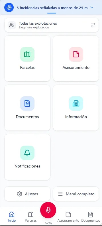 Inicio de ExploGestion en el móvil: parcelas, asesoramiento, documentos y captura de nota por voz al alcance del pulgar