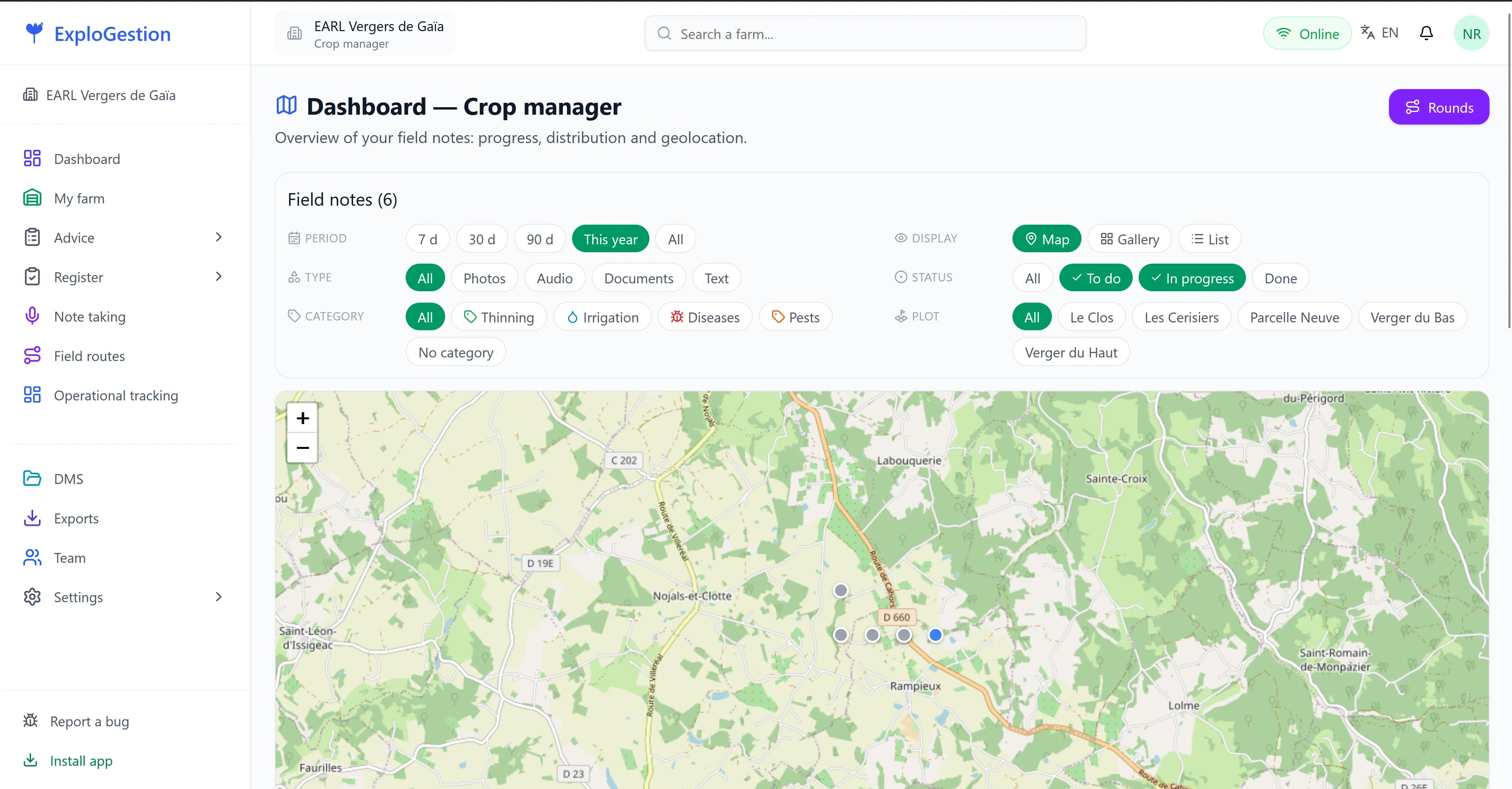 ExploGestion dashboard: geolocated field notes, progress and categories