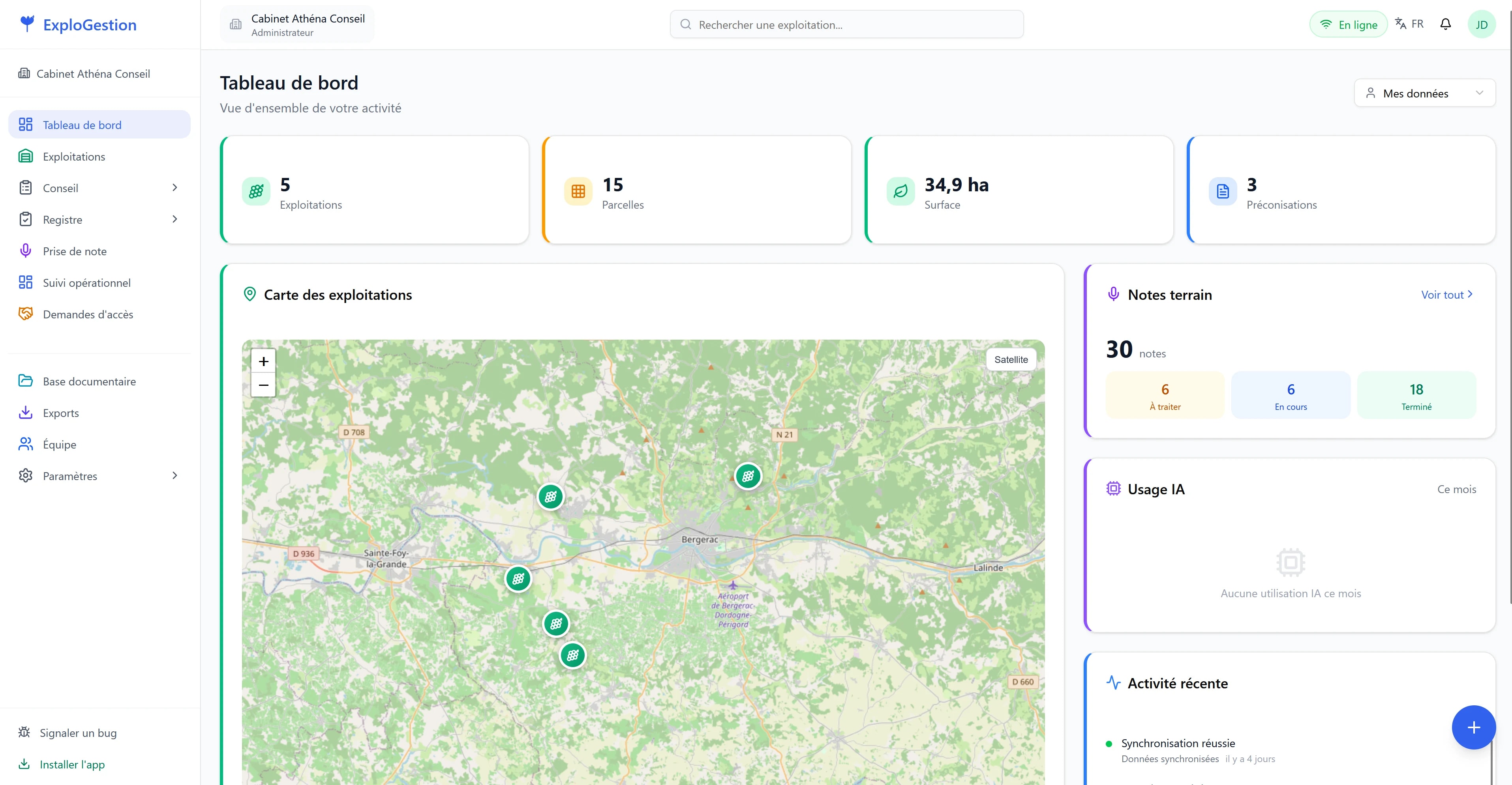 Tableau de bord ExploGestion : carte des exploitations et indicateurs du cabinet