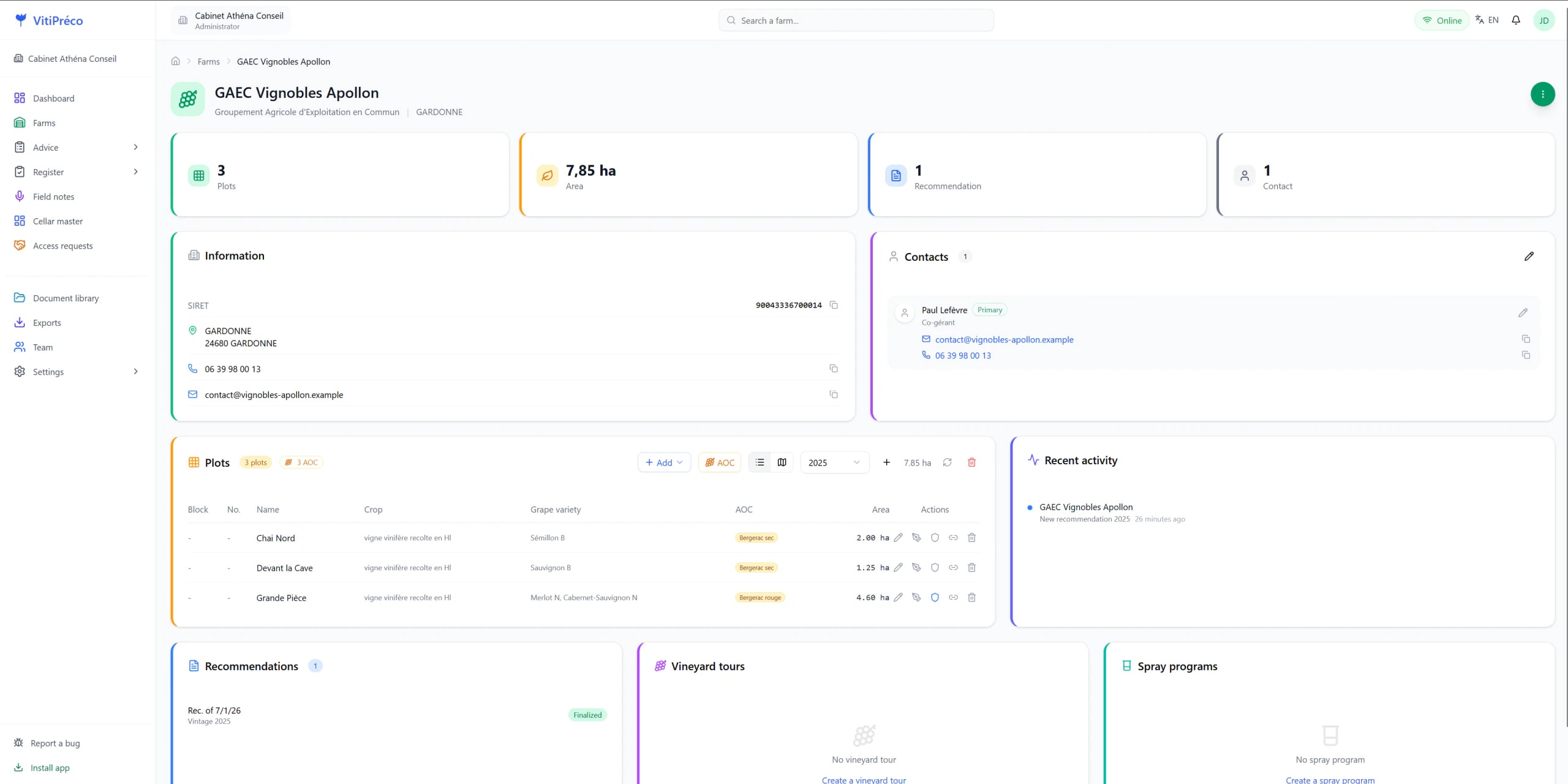 ExploGestion farm page: plots, contacts and recommendations for an estate