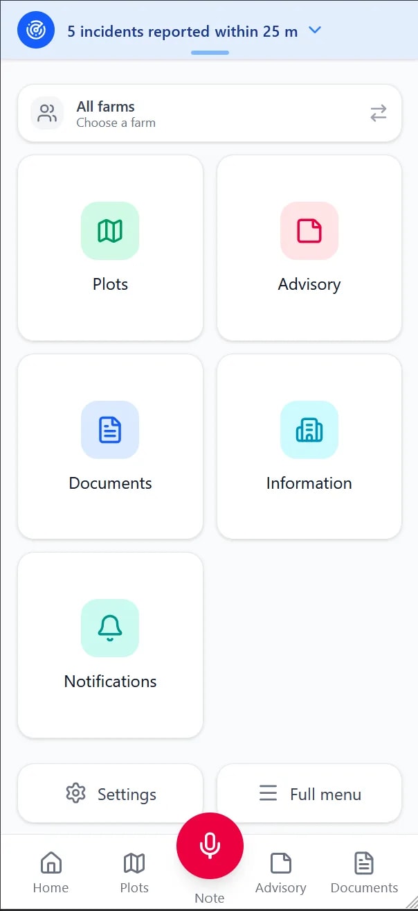 ExploGestion home on mobile: plots, advisory, documents and voice note capture within thumb's reach
