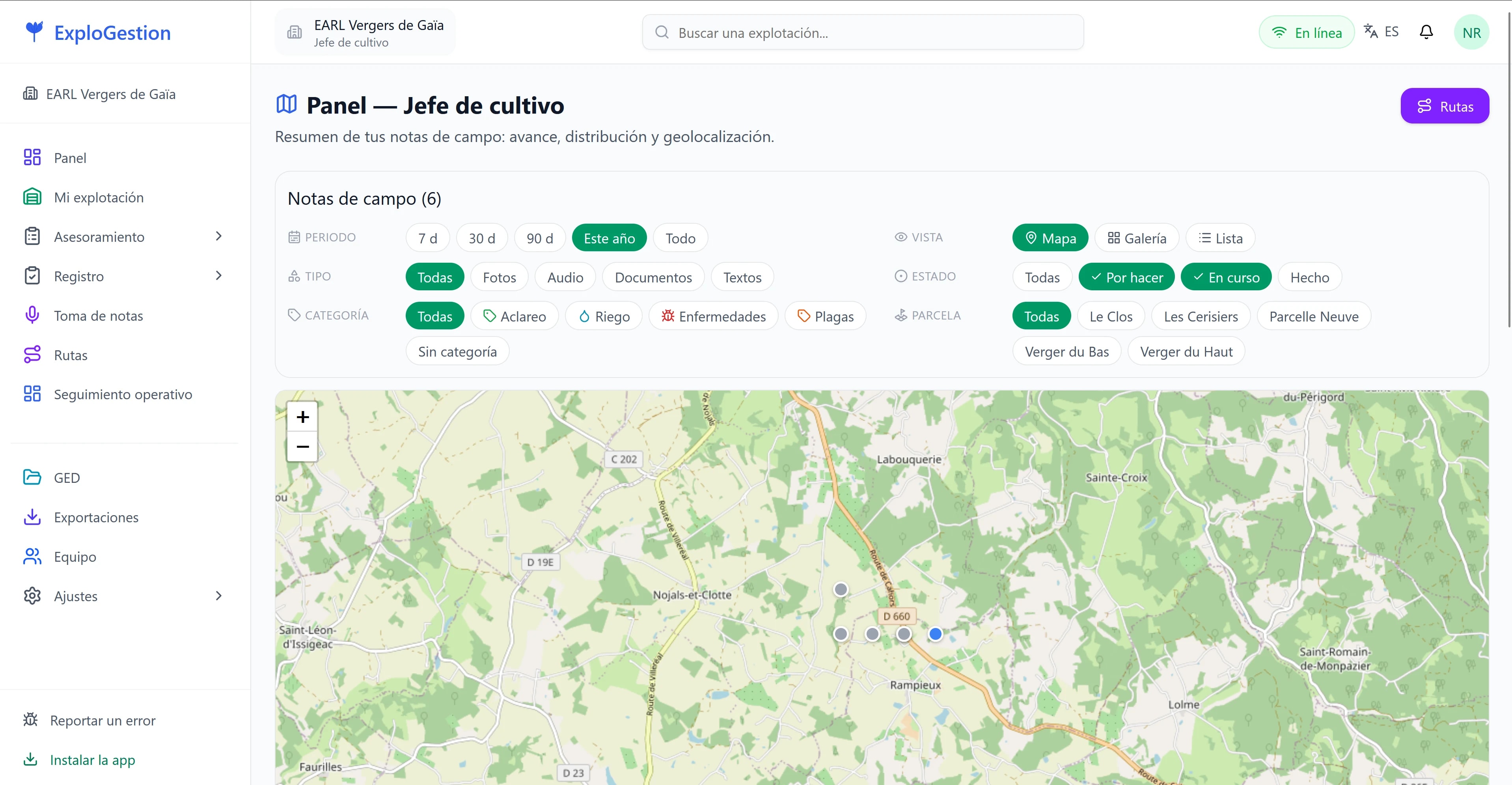 Panel de ExploGestion: notas de campo geolocalizadas, avance y categorías
